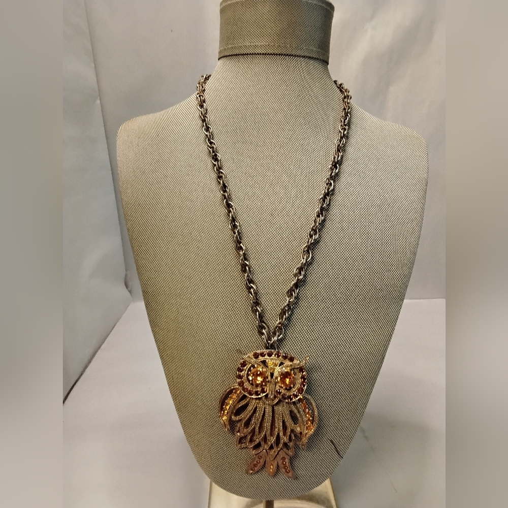 Vintage Gold Tone And Amber Rhinestone Owl Pendant On 20 Inch Link Chain